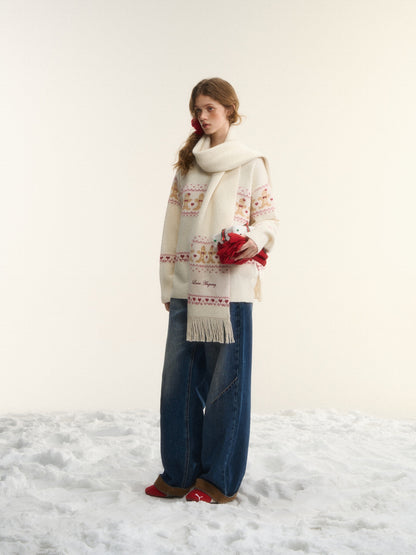 AsGony ASG25544 Fair Isle jacquard sweater and scarf set
