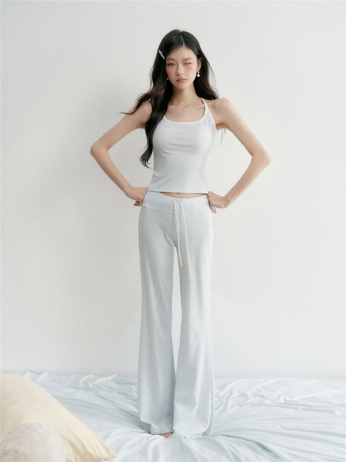 16DEWS 16D26028&amp;16D26029&amp;16D26030 Striped round neck top+tank top+micro flared casual pants