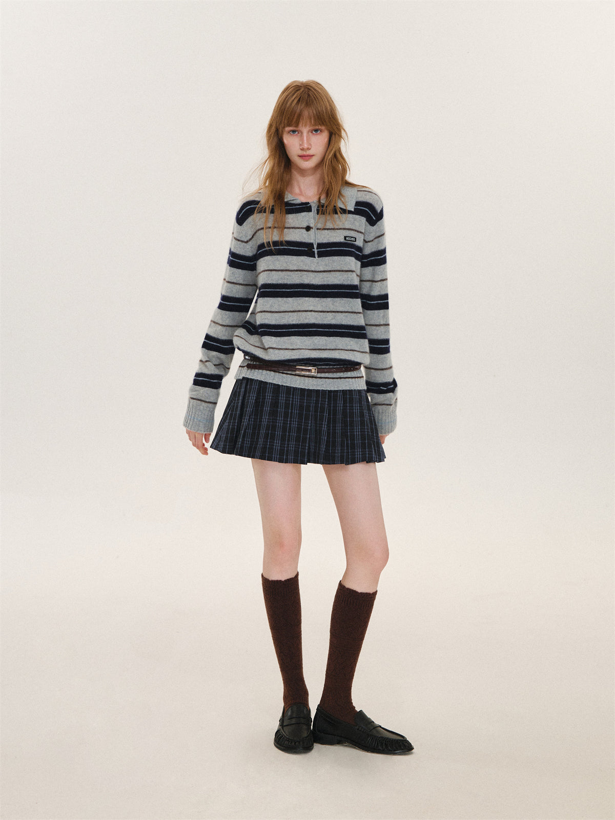 Asgony ASG26597 Striped Collared Knit Polo Shirt