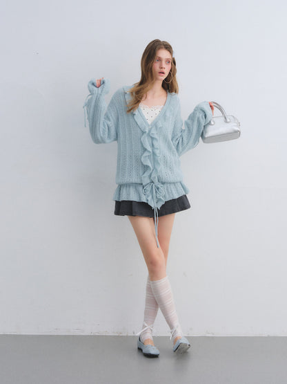 AsGony ASG25650 Woolen pleated hollow knitted cardigan