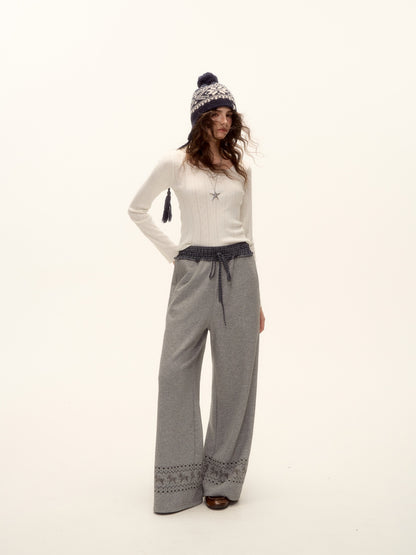 AsGony ASG25483 U-neck lace bow hollow knitting base top