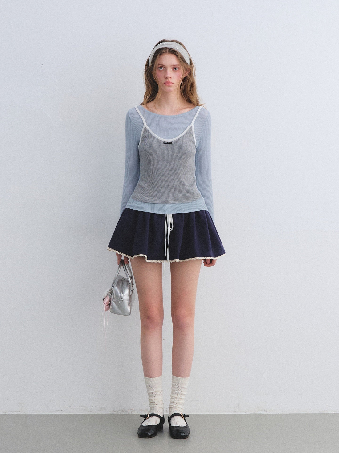 AsGony ASG25661&amp;ASG25644 Fake two-piece contrasting knitted base top + skirt set