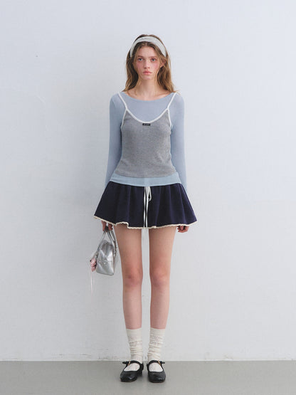 AsGony ASG25661&amp;ASG25644 Fake two-piece contrasting knitted base top + skirt set