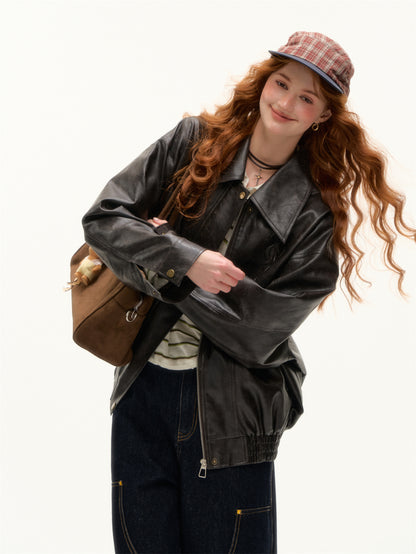 AsGony ASG25389 Bow collar loose jacket leather jacket