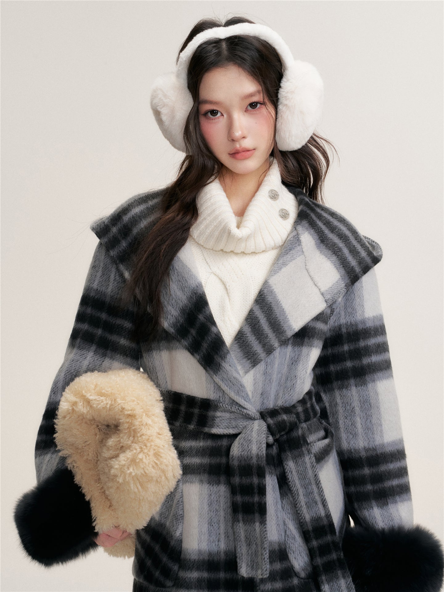 16DEWS 16D25456 Plaid hooded double-sided wool coat