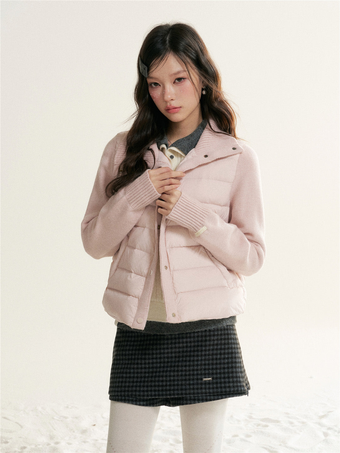 16DEWS 16D25512 Sweater spliced knit stand up collar down jacket