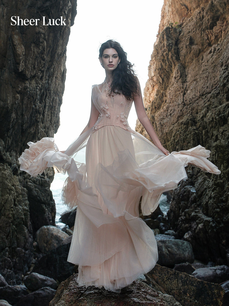 SHEERLUCK SLLYQ26107 Lace fishbone halter neck dress