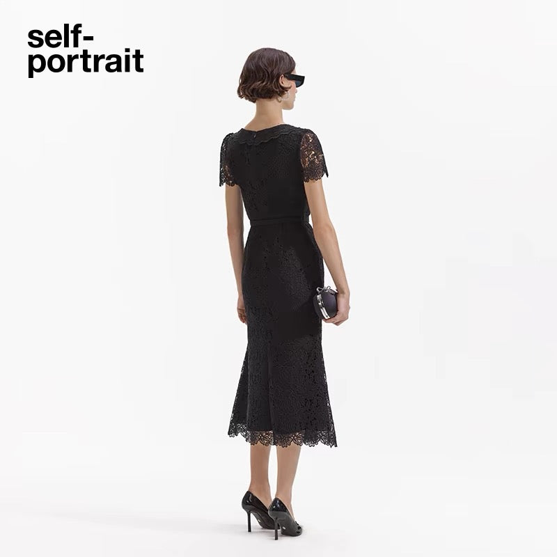 Self-Portrait BLACK GUIPURE LACE BUTTON MIDI DRESS