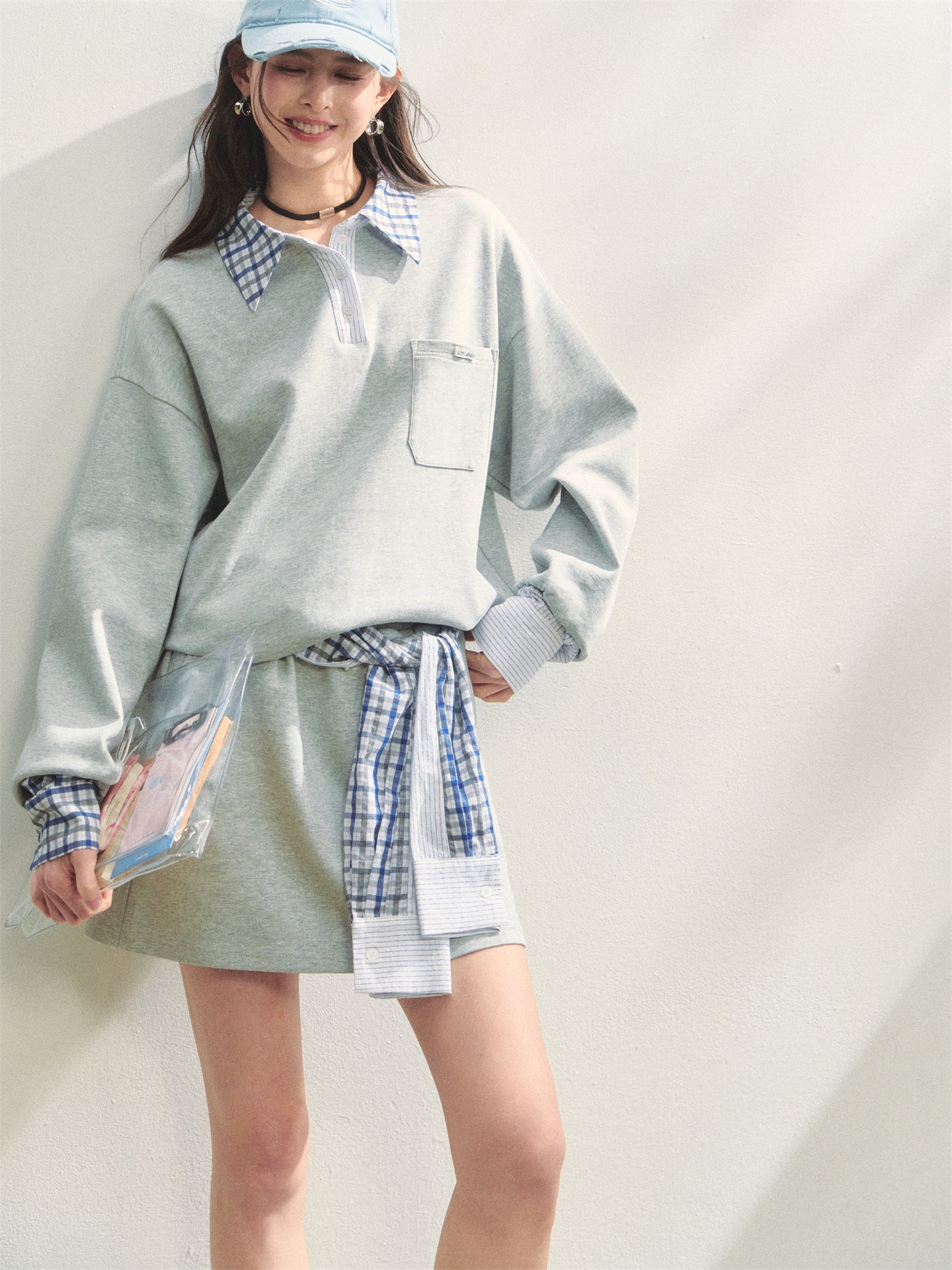 AsGony ASG25307&amp;ASG25308 Checkered shirt patchwork hoodie + skirt set
