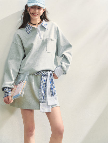 AsGony ASG25307&amp;ASG25308 Checkered shirt patchwork hoodie + skirt set