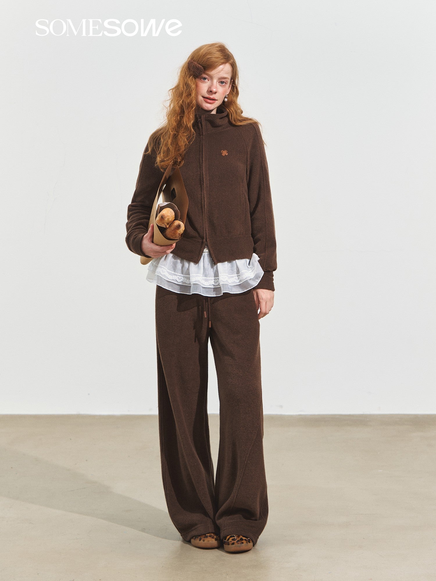 SOMESOWE S2508237&amp;S2508238 Velvet stand collar hoodie + pants set