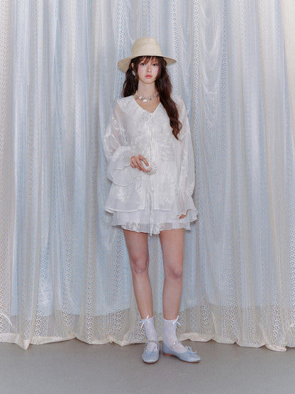 AsGony ASG26015&amp;ASG26016 Chiffon pleated embroidered ruffle edge shirt + skirt