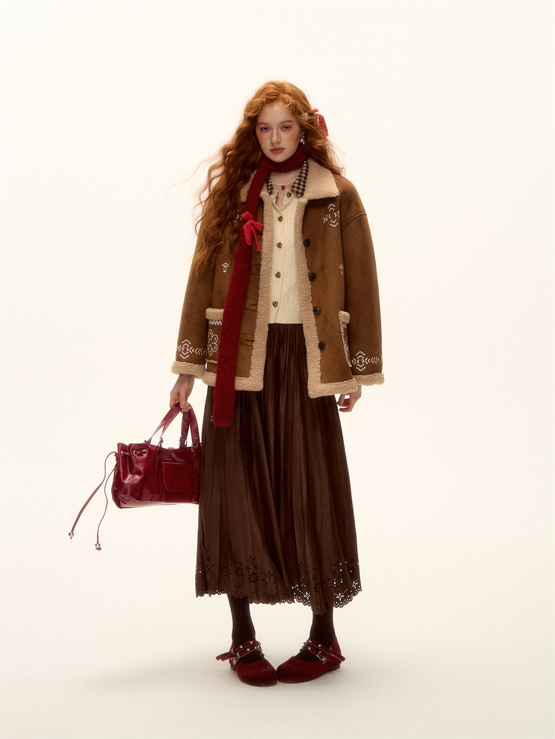 AsGony ASG25457 Embroidered fur lamb coat