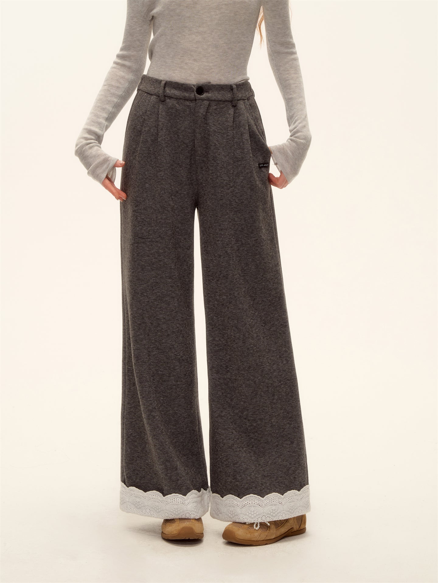 AsGony ASG25473 Embroidered lace straight leg wool casual pants