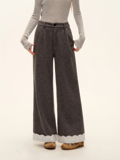 AsGony ASG25473 Embroidered lace straight leg wool casual pants
