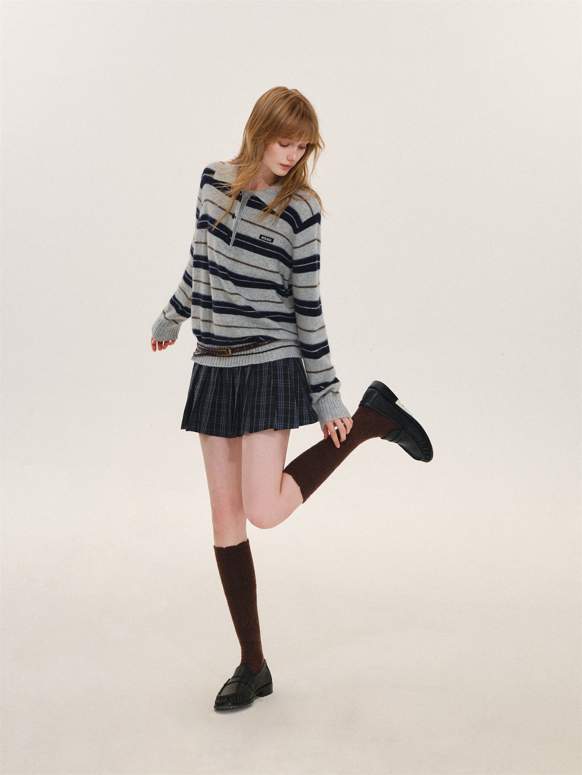 Asgony ASG26597 Striped Collared Knit Polo Shirt