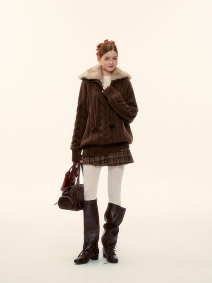 AsGony ASG25619 Detachable wool collar needle twisted pullover sweater