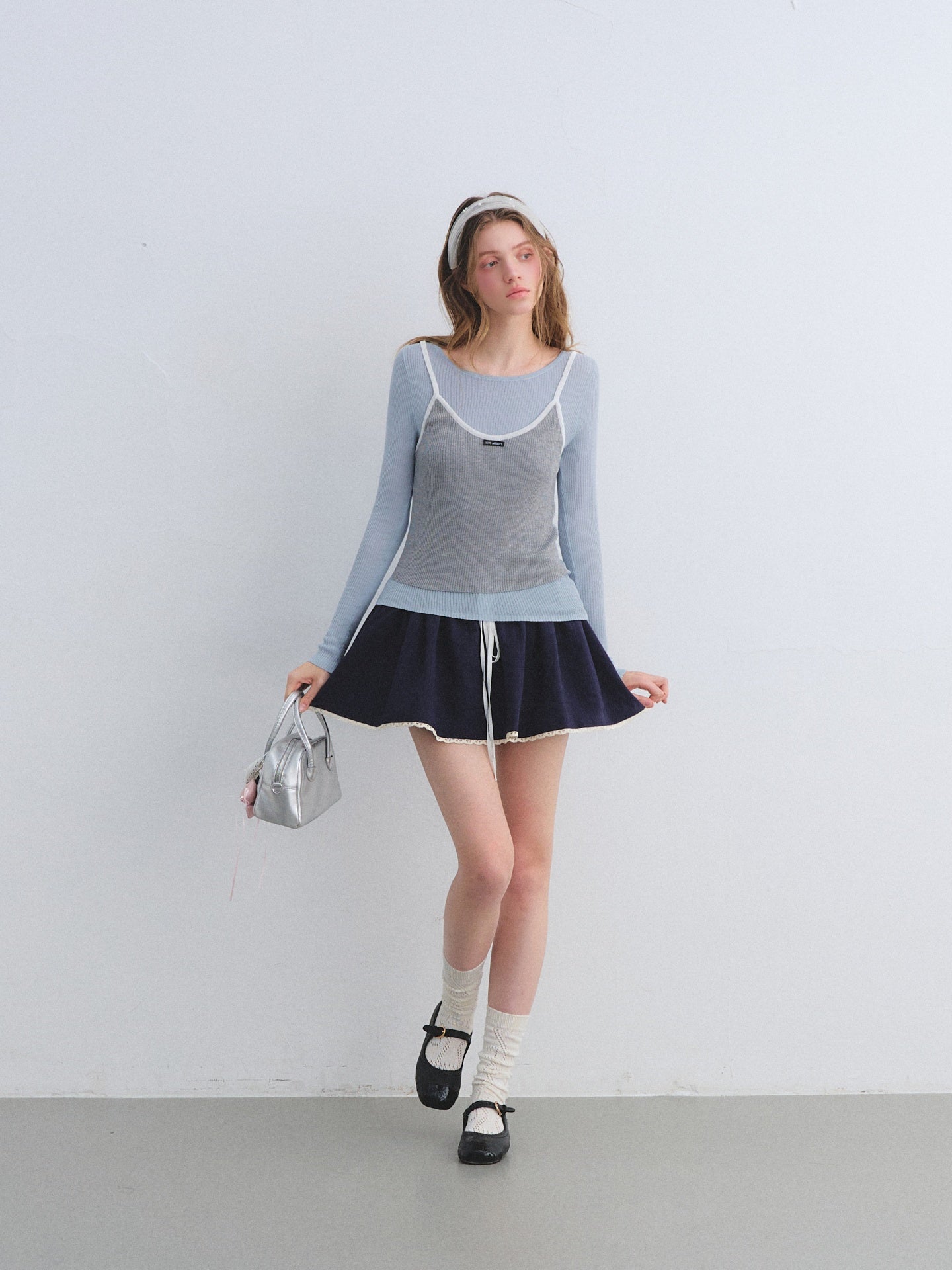 AsGony ASG25661&amp;ASG25644 Fake two-piece contrasting knitted base top + skirt set