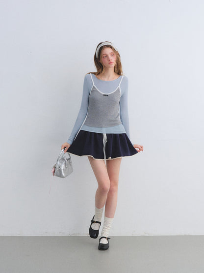 AsGony ASG25661&amp;ASG25644 Fake two-piece contrasting knitted base top + skirt set