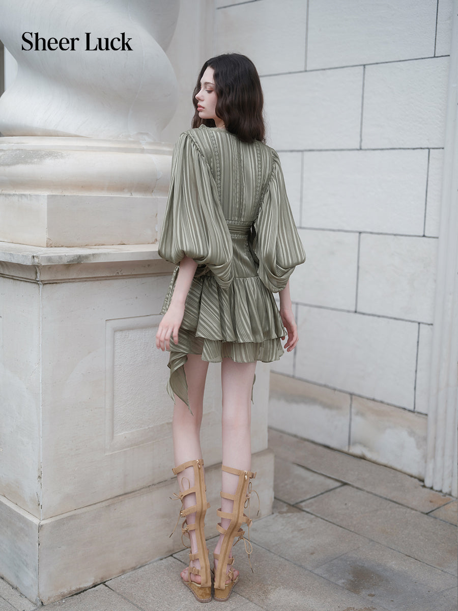 SHEERLUCK SLLYQ26702 Wing V-Neck Batwing Sleeve Dress-Olive