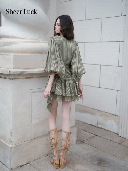 SHEERLUCK SLLYQ26702 Wing V-Neck Batwing Sleeve Dress-Olive