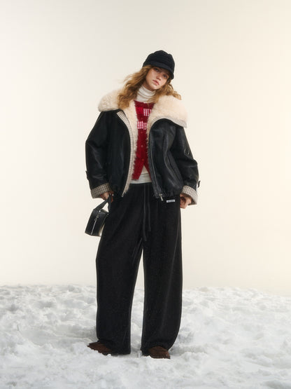 AsGony ASG252690 Grid splicing suede collar short leather down jacket