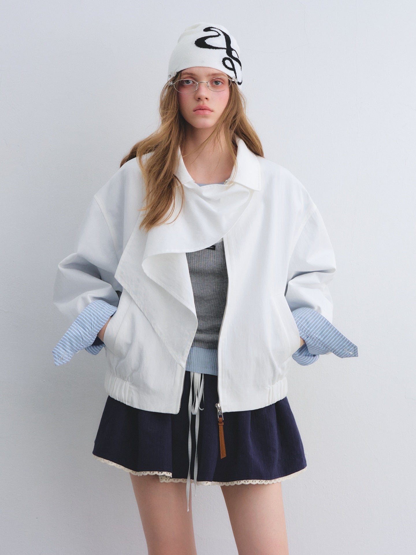 AsGony ASG25674 Detachable swing collar shawl flight jacket