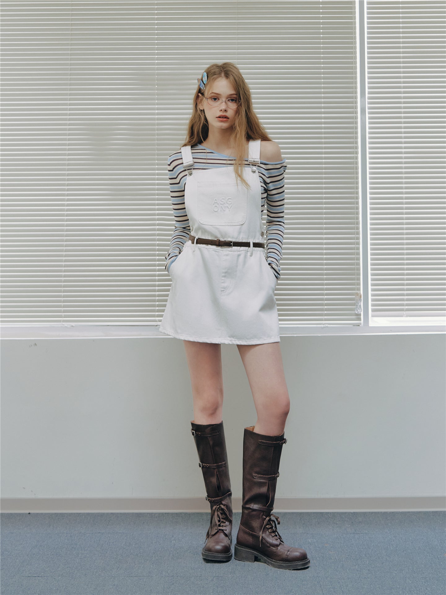 Asgony ASG26512 Embossed Detail Denim Overall Mini Skirt