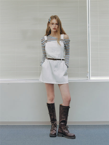 Asgony ASG26512 Embossed Detail Denim Overall Mini Skirt