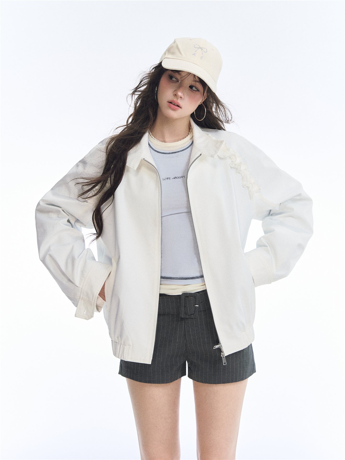 Asgony ASG26529 Ruffle-Edge Harrington Jacket