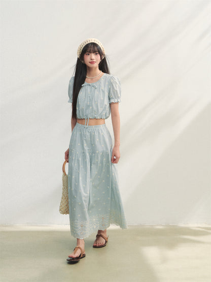 AsGony ASG25193&amp;ASG25194&amp;ASG25195 Flower embroidery lace up bubble sleeve top+vest+skirt