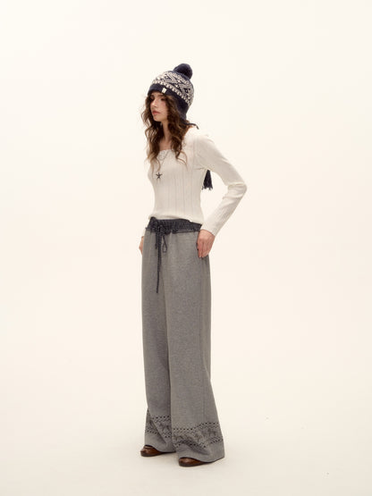 AsGony ASG25483 U-neck lace bow hollow knitting base top