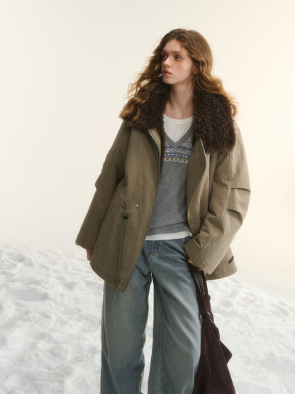 AsGony ASG25568 Sleeves pleated large lapel drawstring loose parka jacket