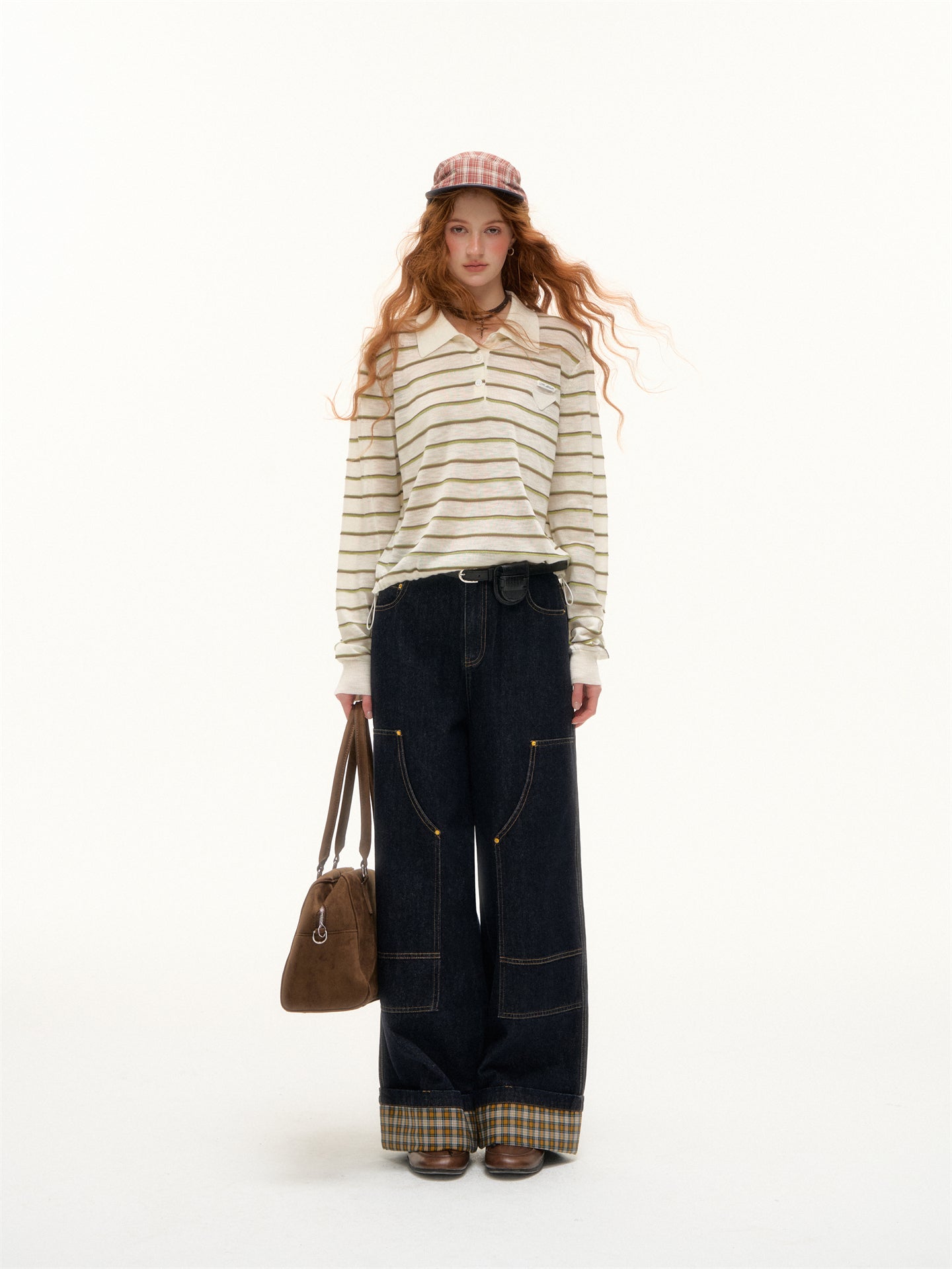 AsGony ASG25391 Striped lapel hem drawstring polo knit base top