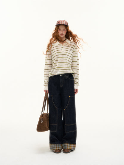 AsGony ASG25391 Striped lapel hem drawstring polo knit base top