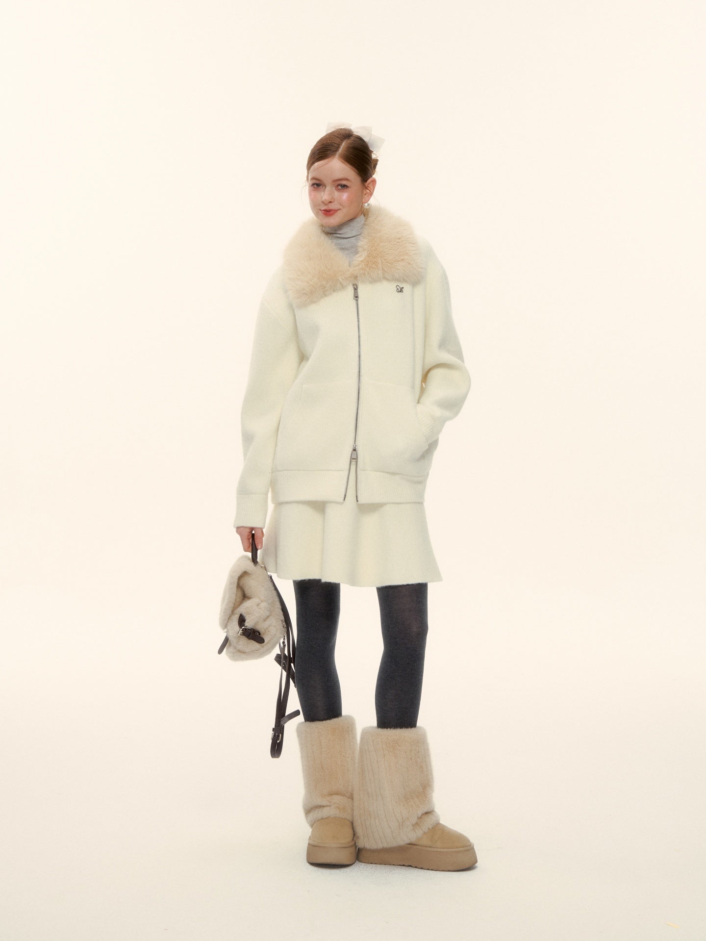 AsGony ASG25601 Wool Flannel Lapel Zippered Knit Sweater Jacket