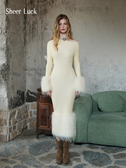 SHEERLUCK SLLYQ25506 Retro off shoulder knitted dress