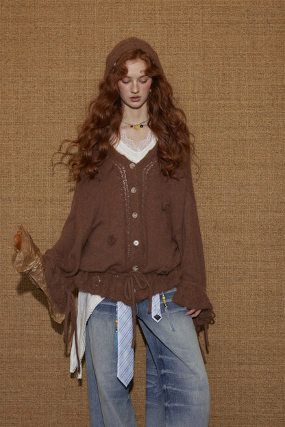 AsGony ASG25452 V-neck flower tie wool blend knitted cardigan