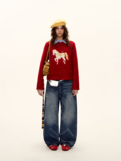 AsGony ASG25480 Wool pony jacquard embroidered round neck sweater