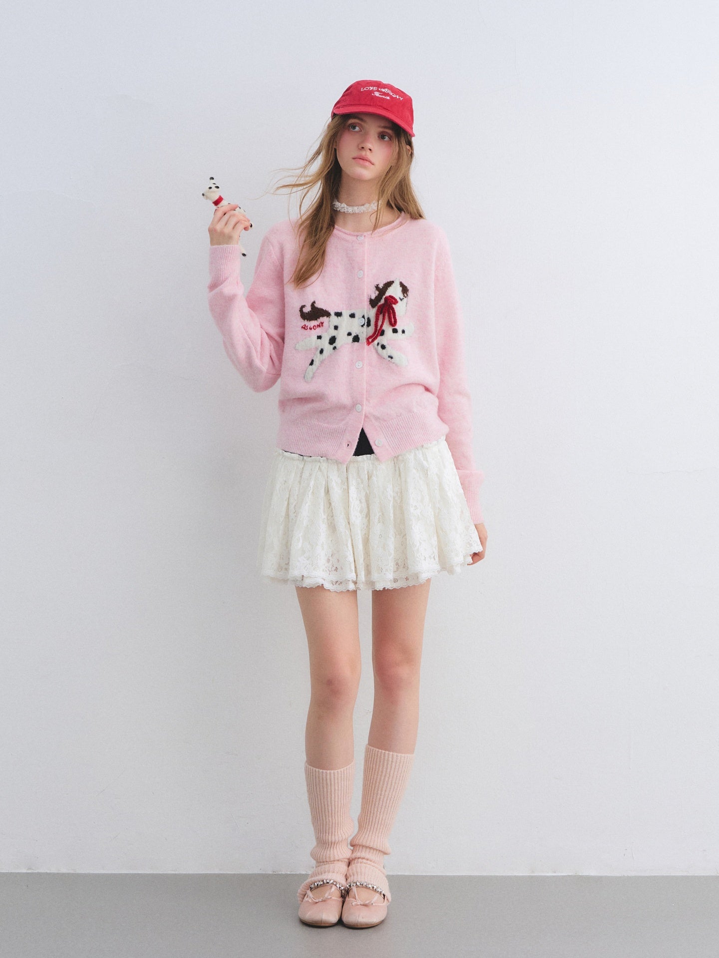 AsGony ASG25648 Pony jacquard bow round neck wool cardigan