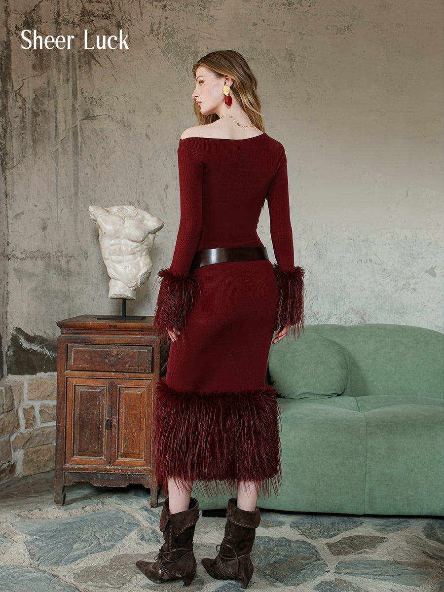 SHEERLUCK SLLYQ25506 Retro off shoulder knitted dress