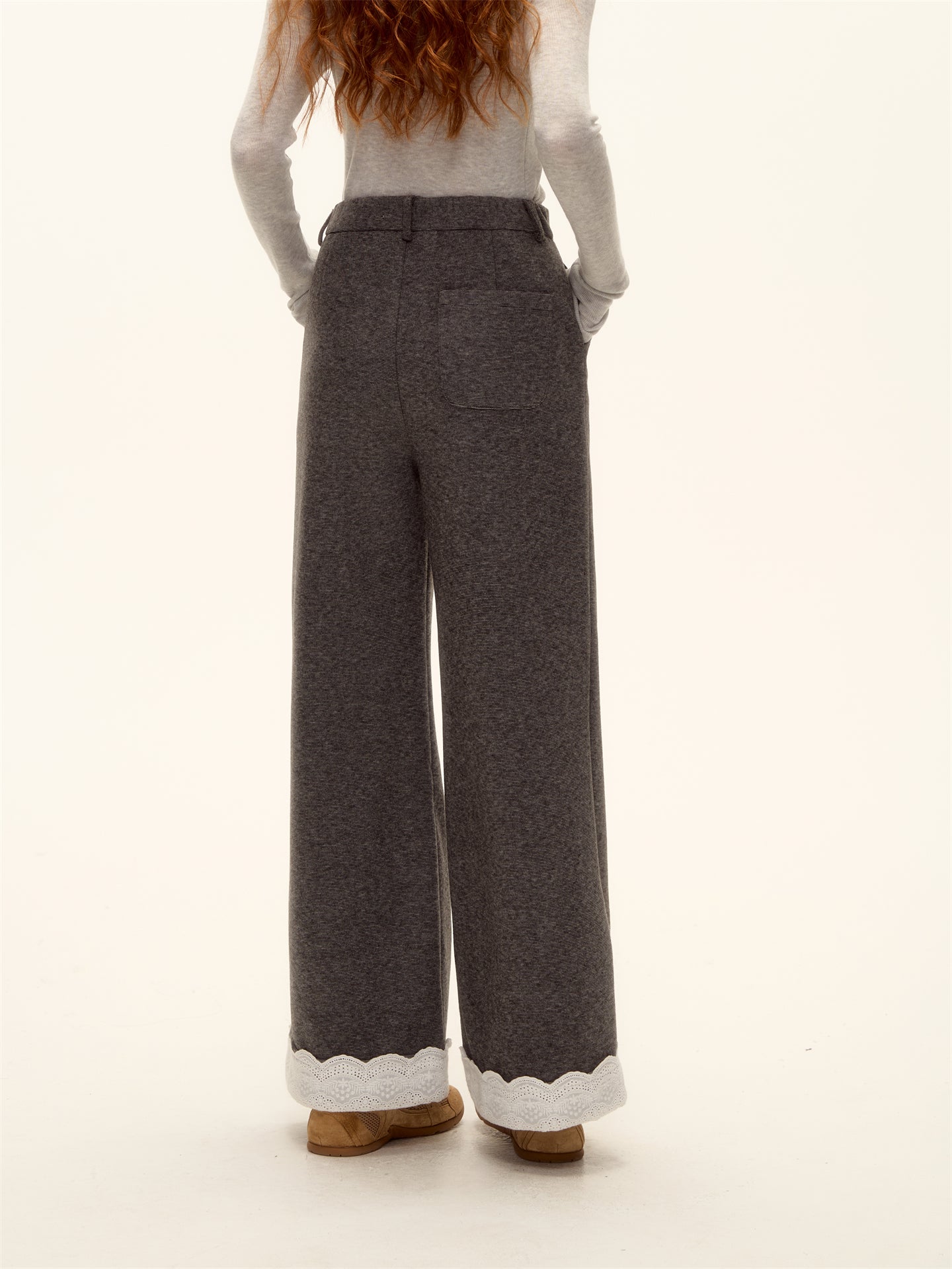 AsGony ASG25473 Embroidered lace straight leg wool casual pants