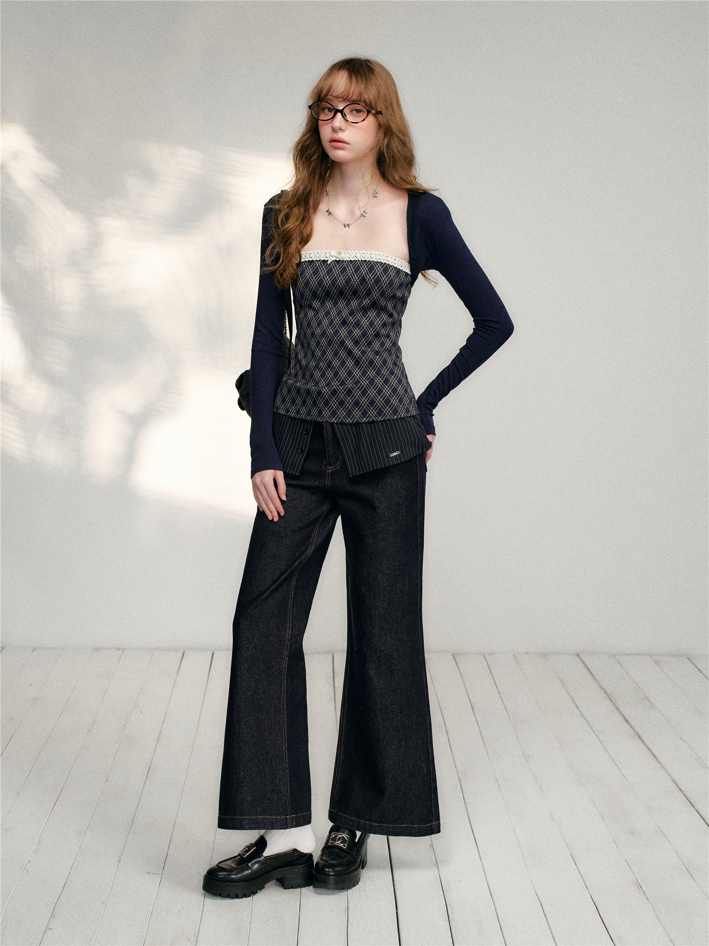 16DEWS in stock 16D26133 Lace plaid patchwork camisole top
