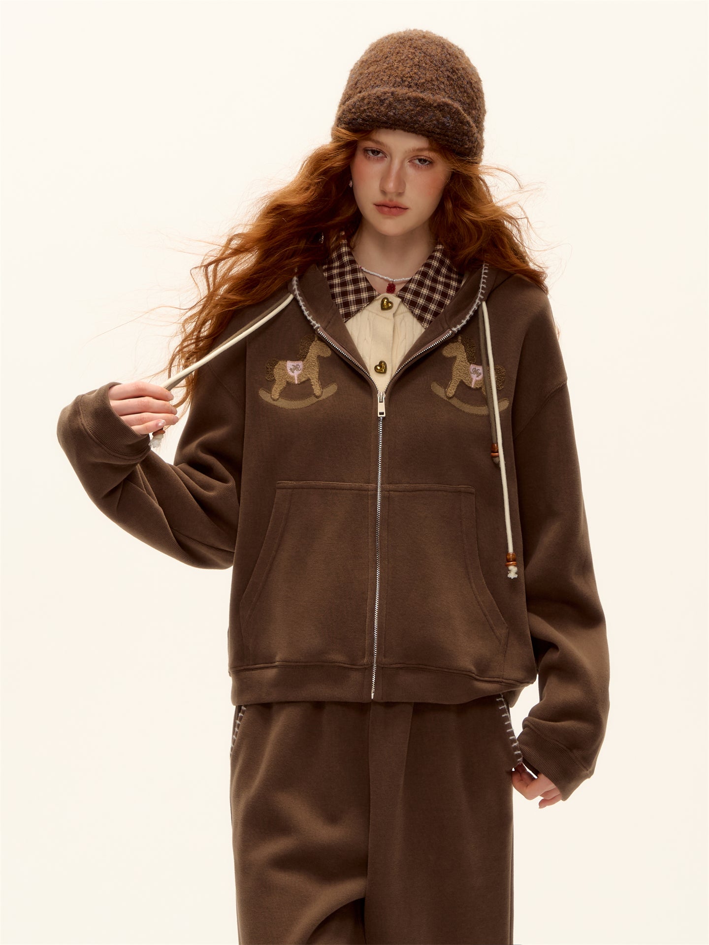AsGony ASG25488&amp;ASG25489 Embroidered bead hooded jacket + pants