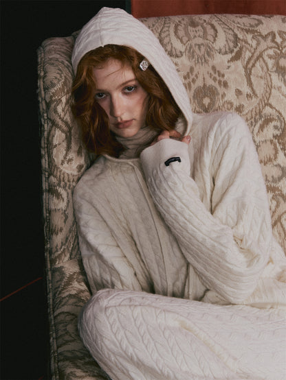 AsGony ASG25490&amp;ASG25521 Wool pullover hooded button twisted knit sweater + pants