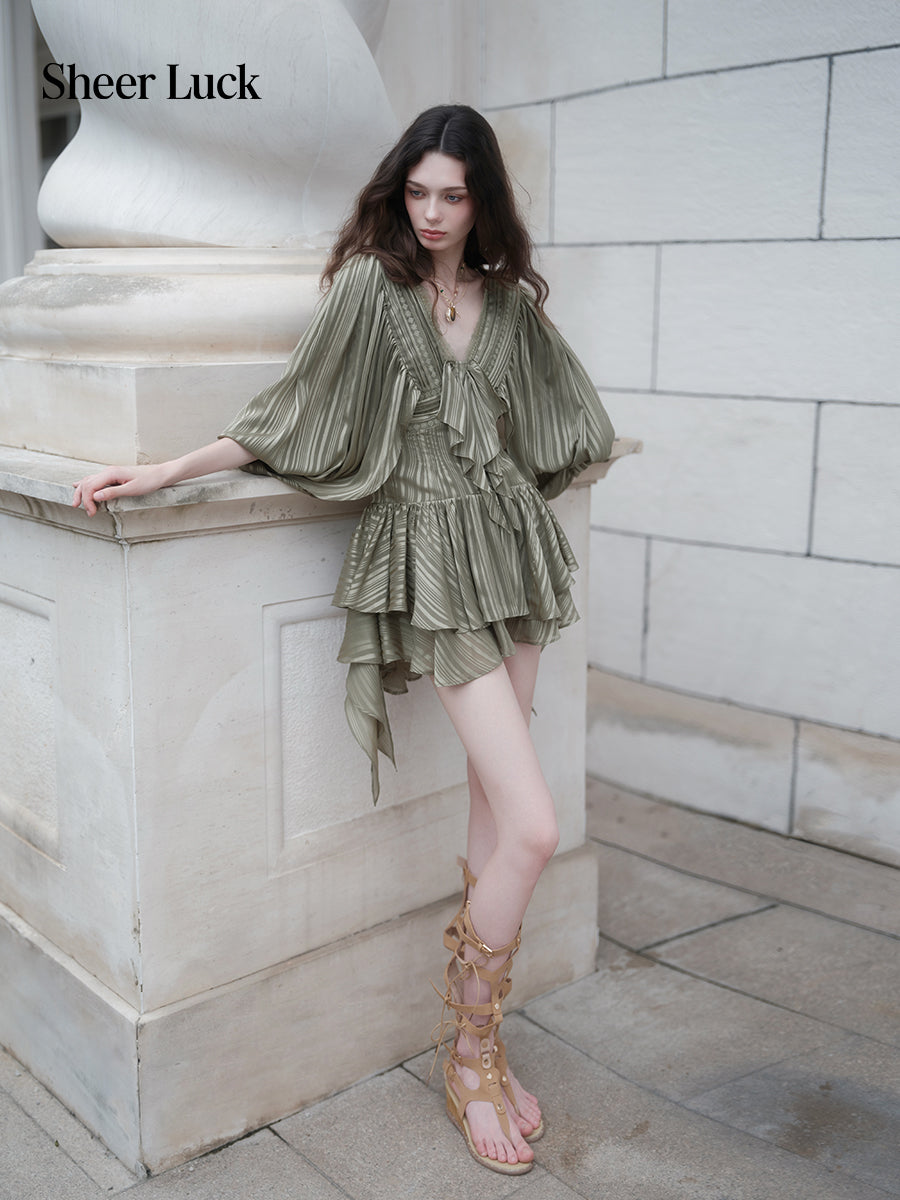 SHEERLUCK SLLYQ26702 Wing V-Neck Batwing Sleeve Dress-Olive