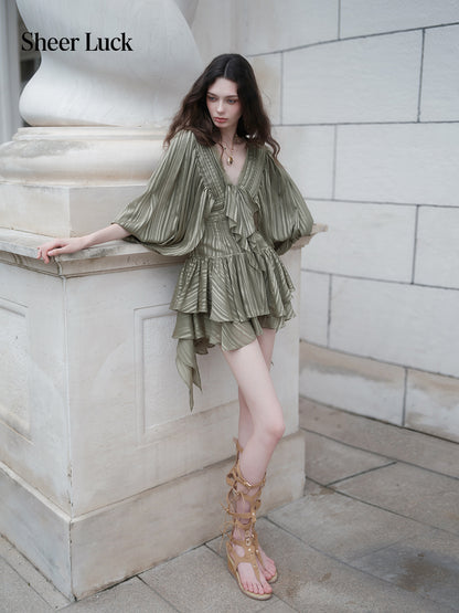 SHEERLUCK SLLYQ26702 Wing V-Neck Batwing Sleeve Dress-Olive
