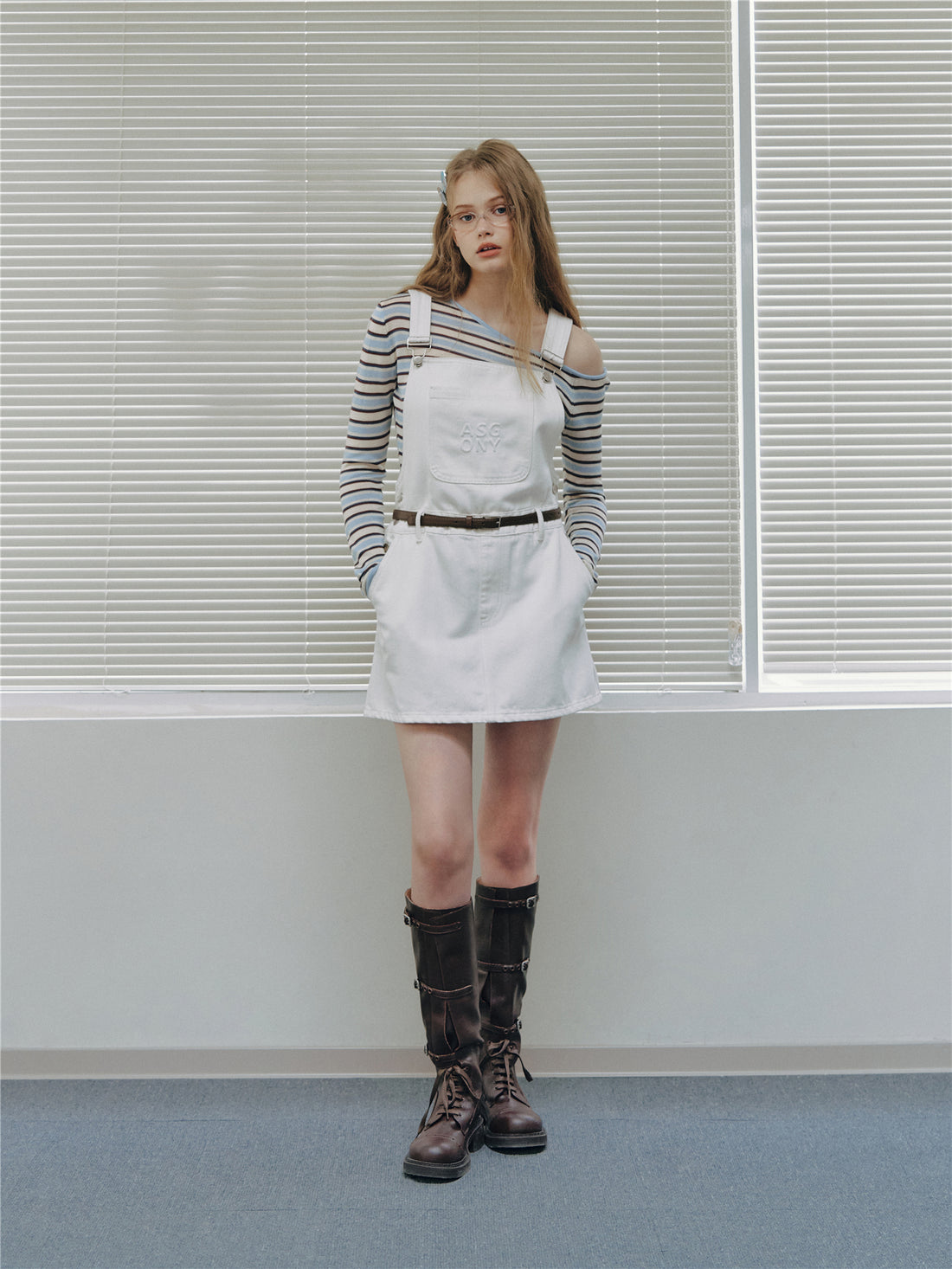 Asgony ASG26512 Embossed Detail Denim Overall Mini Skirt