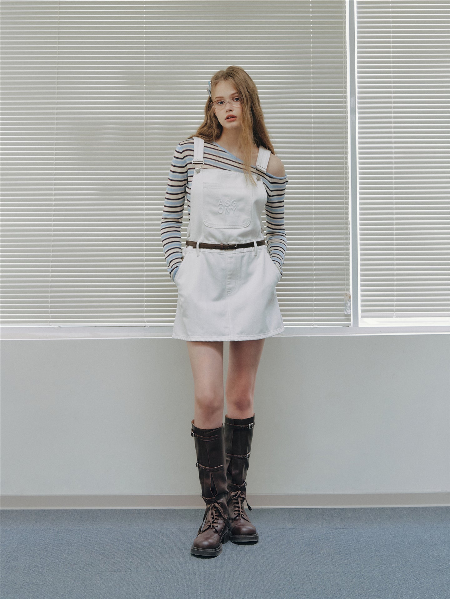 Asgony ASG26512 Embossed Detail Denim Overall Mini Skirt
