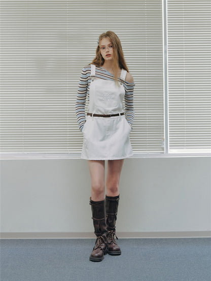 Asgony ASG26512 Embossed Detail Denim Overall Mini Skirt